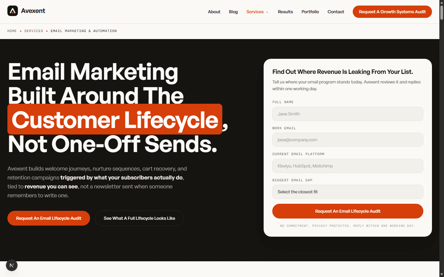 An Avexent service page hero section