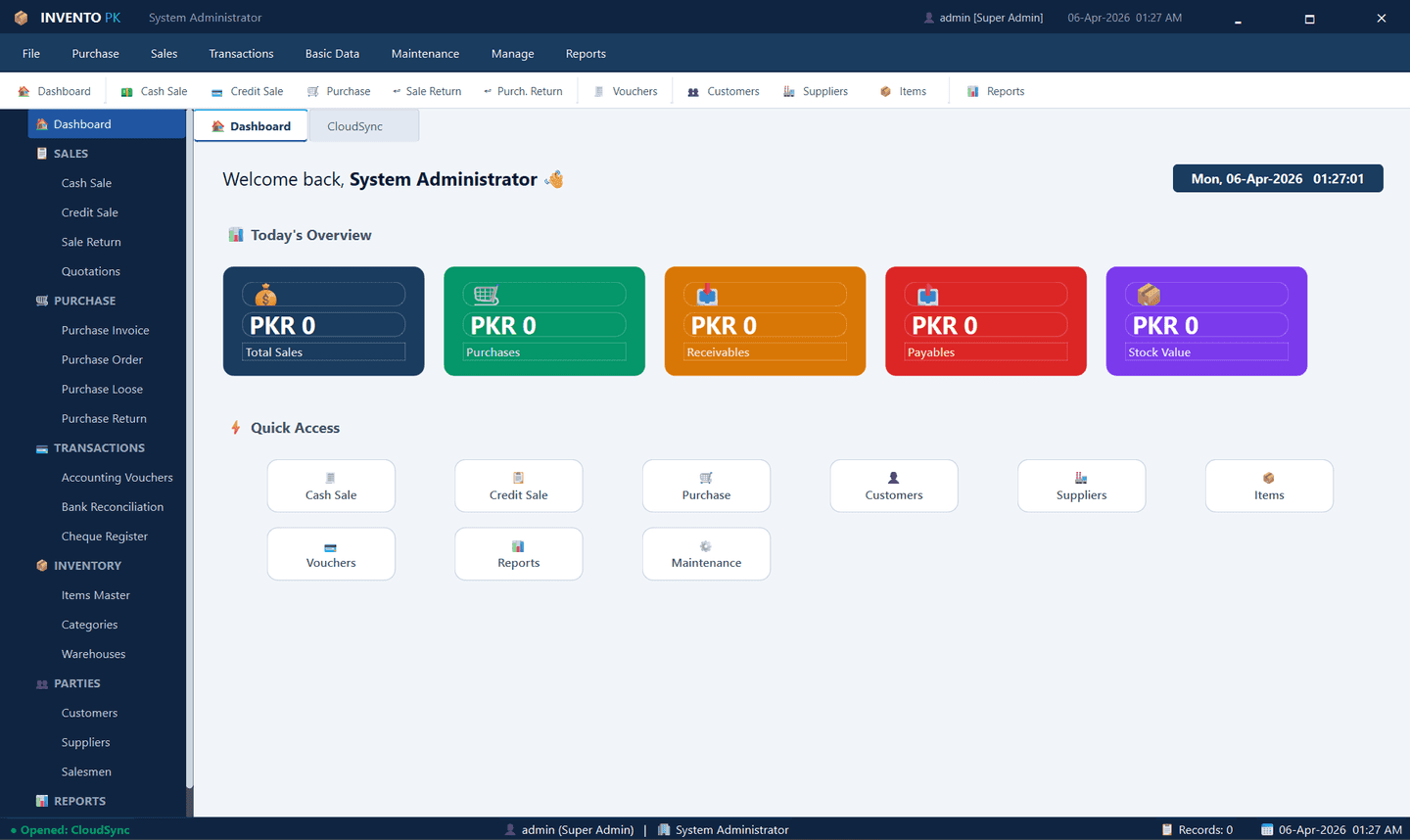 INVENTO PK point of sale and inventory desktop application dashboard