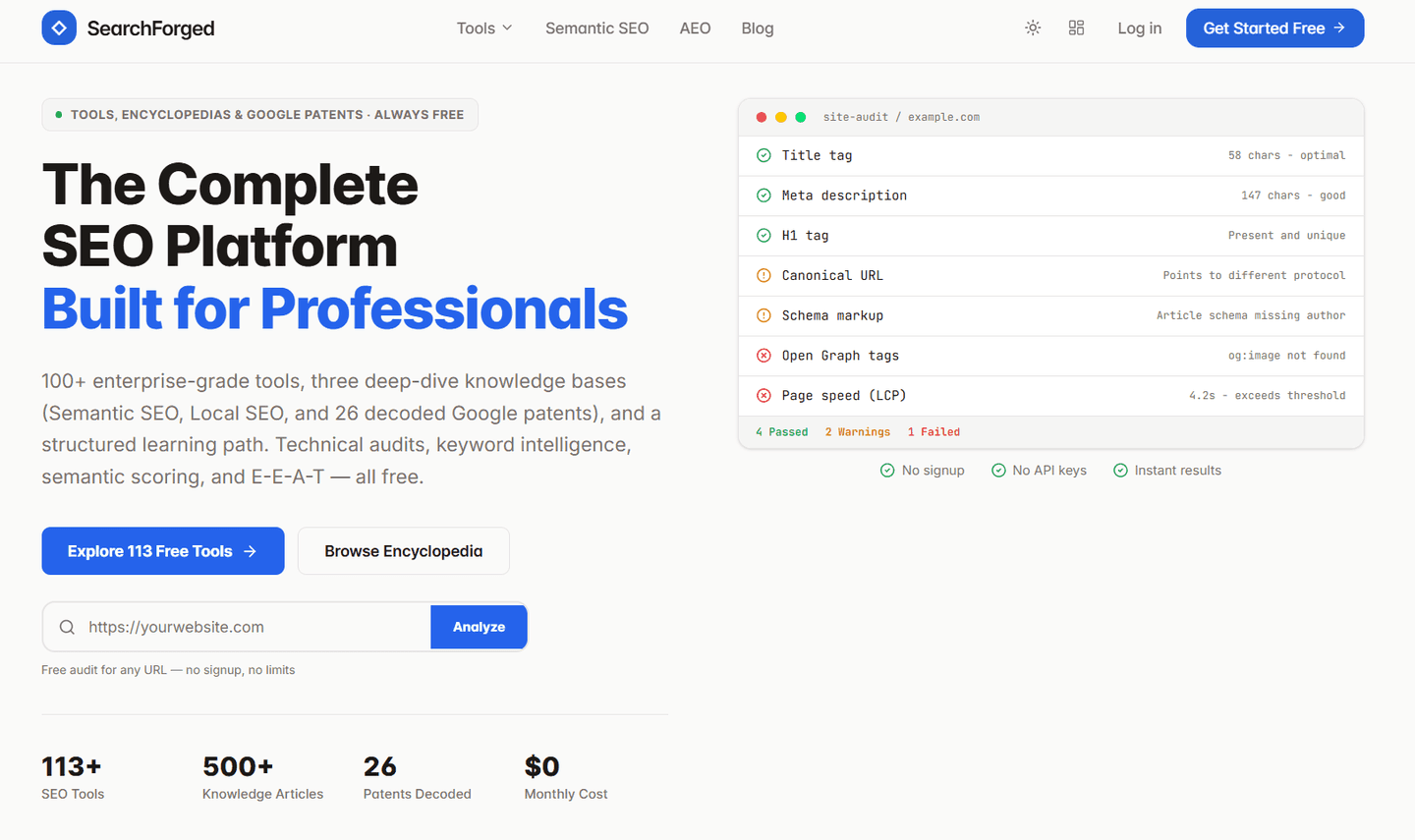 SearchForged SEO tools platform homepage