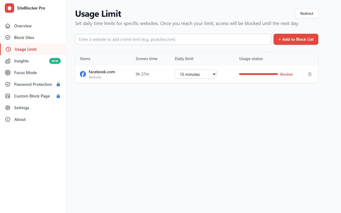 SiteBlocker Pro browser extension usage limit interface