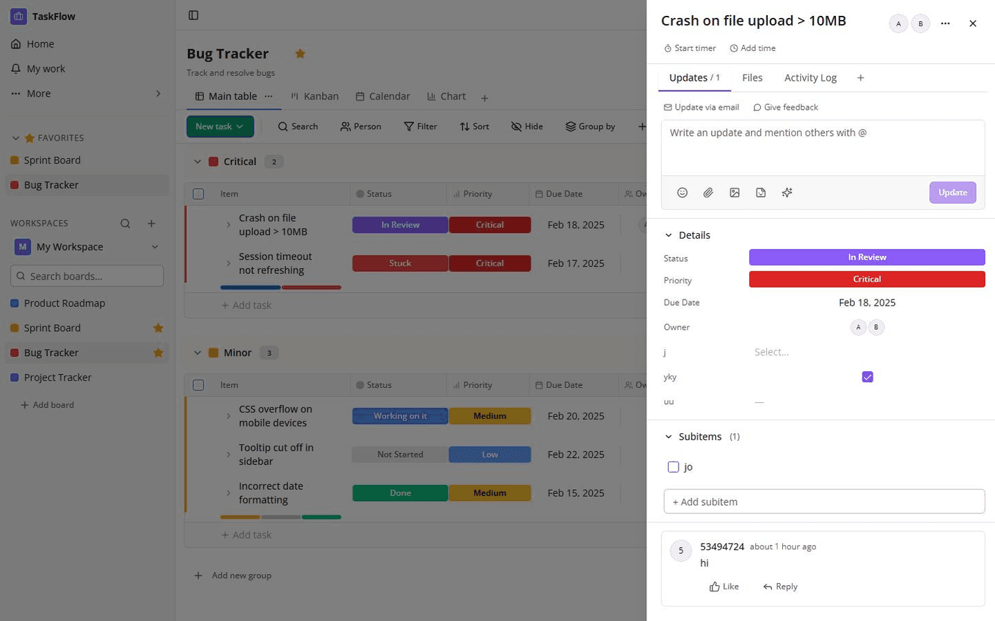 TaskFlow project management web application bug tracker board