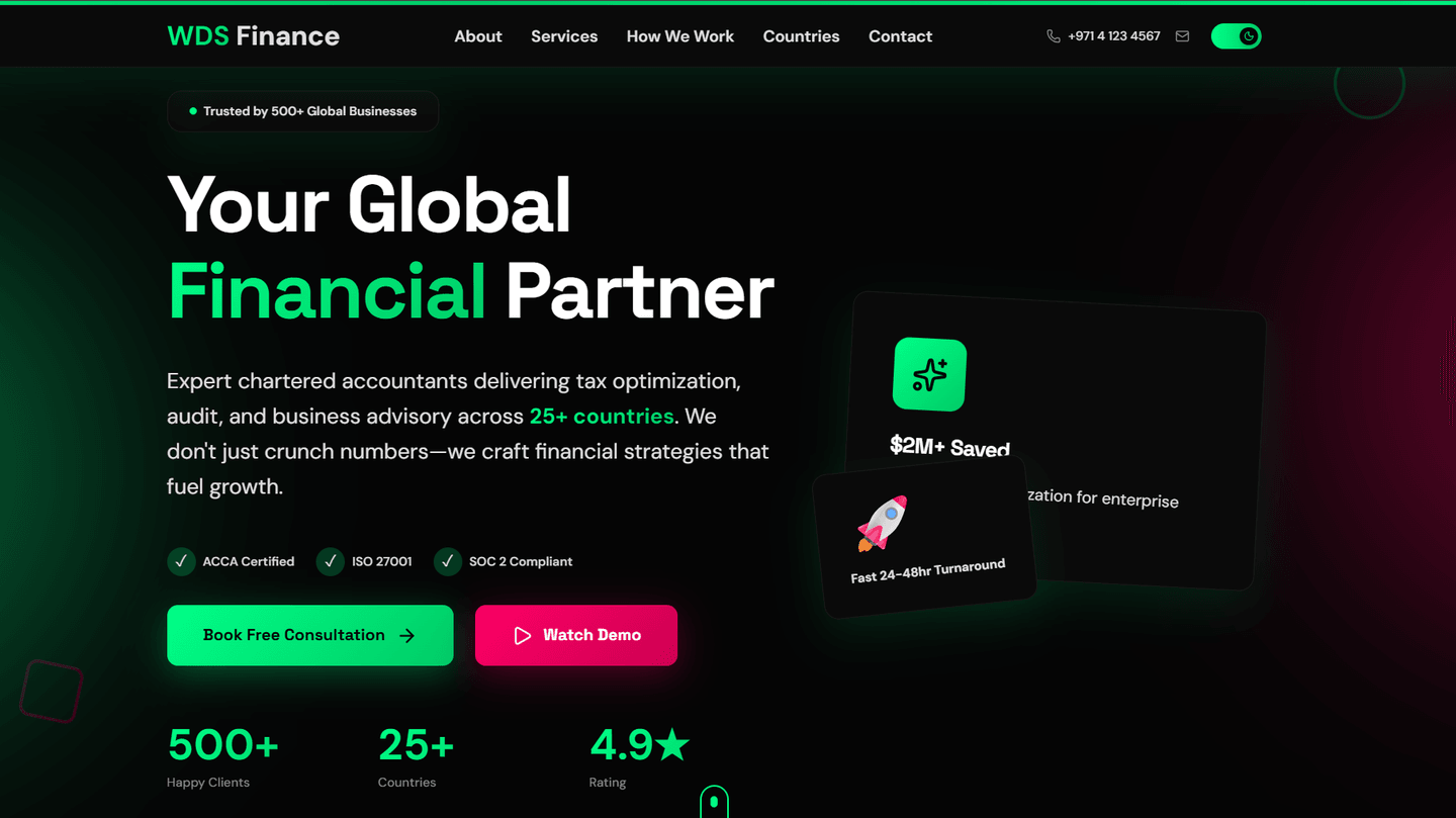 WDS Finance website homepage hero section